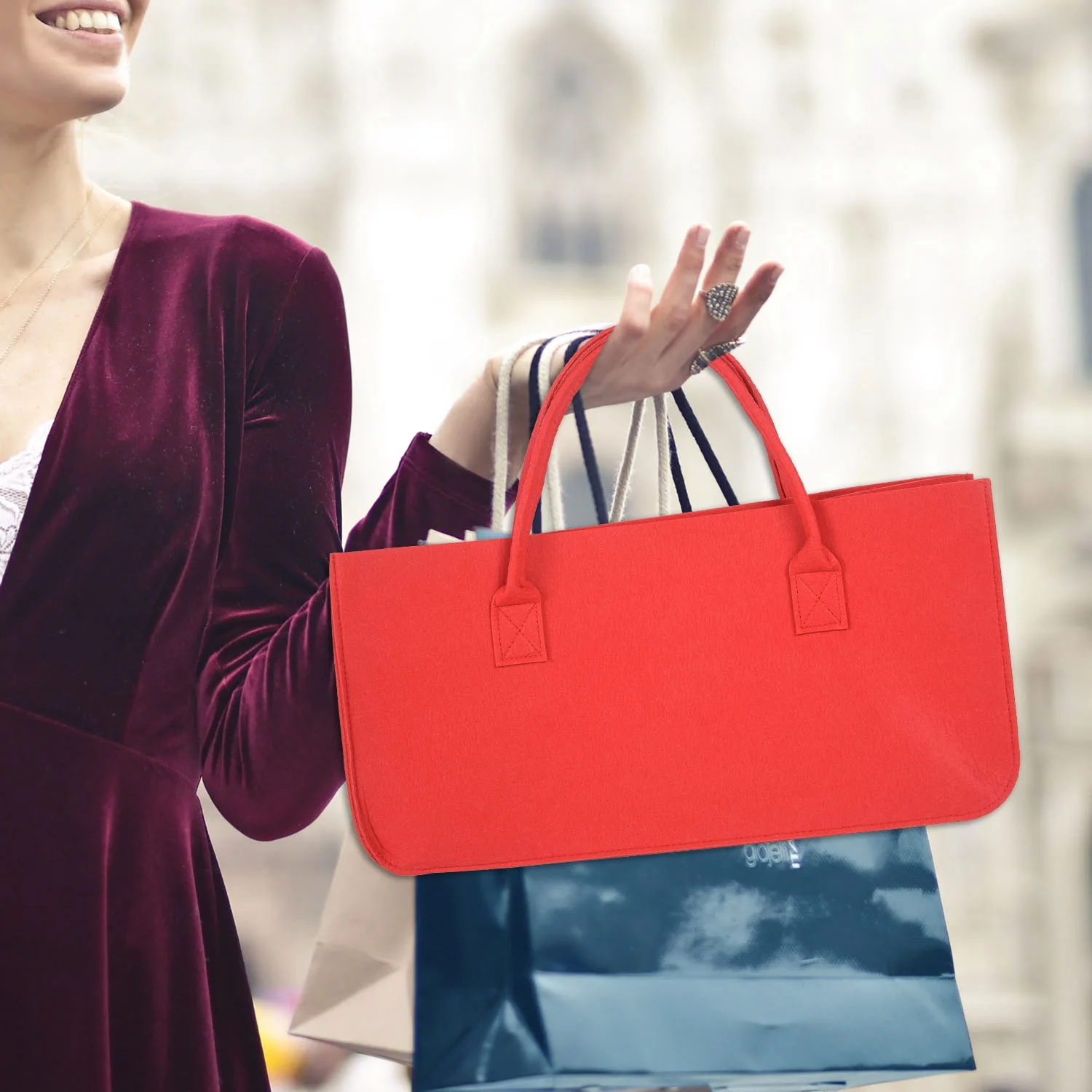 Borsa in feltro ABQR, borsa portaoggetti in feltro Borsa per la spesa casual di grande capacità - rossa