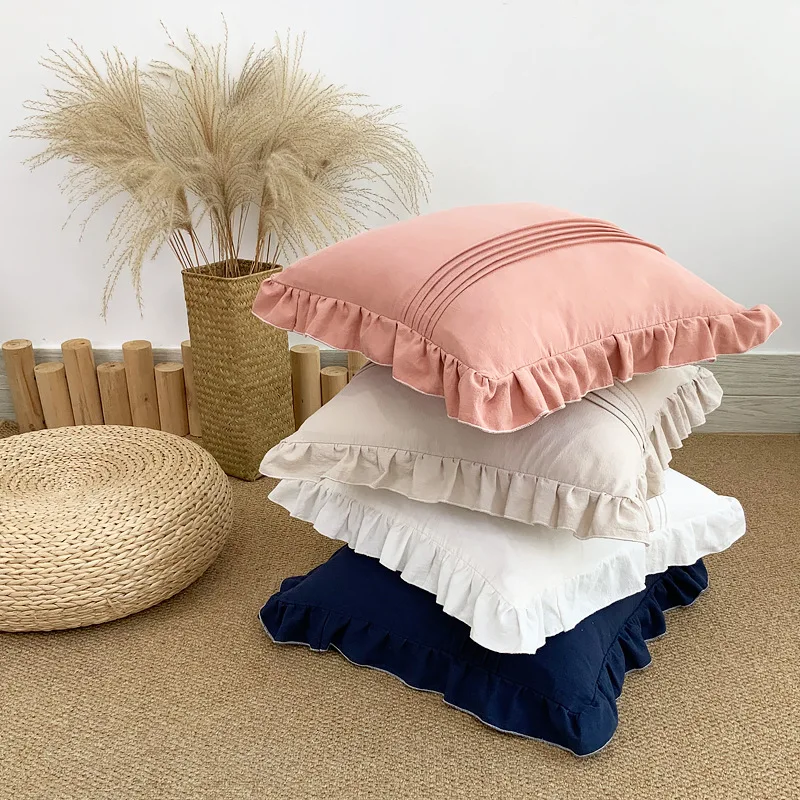 solid color cotton cushion cover pleated pillowcase lotus edge pillow cover