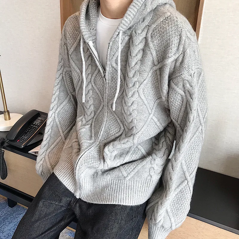 

Thiened Lazy Sle Casual Knitted Sweater Men's Hooded Open Cardigan Autumn Winter Cotton Blend Long Sve Loose Fit Sweater