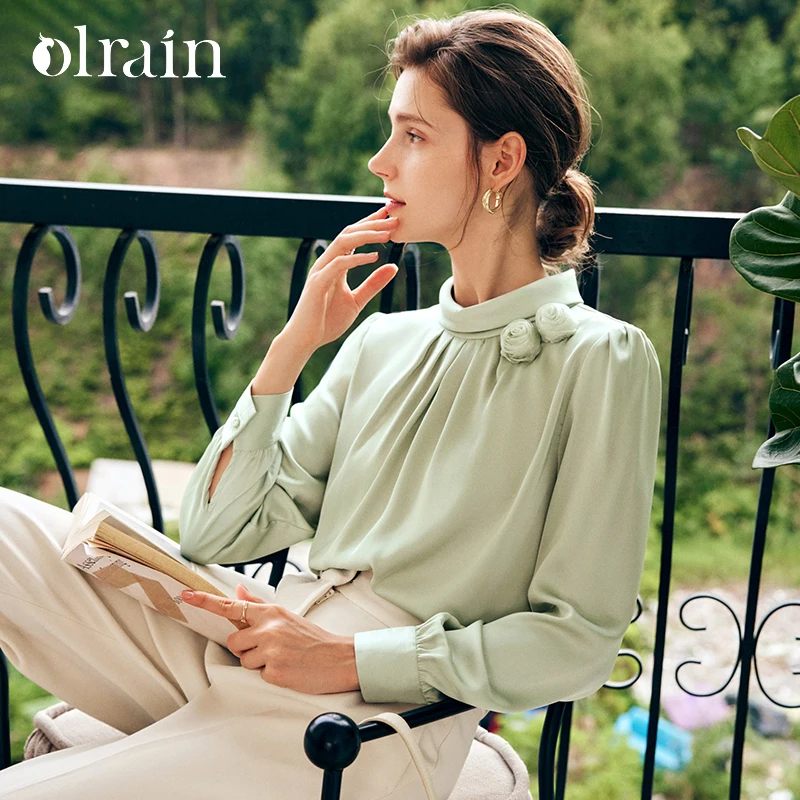 

OLrain Women Light Green Satin Blouse French Elegant Stand Collar Rose Decor Pleated Long Sleeve Office Shirt Top O22QX65686