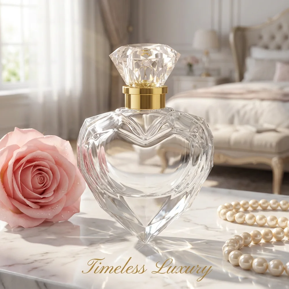 Botella de Perfume de Vidrio en Forma de Corazón, Decantador con Tapa en Forma de Diamante, Decantador de Cristal, Envase de Fragancia con Tapa en Forma de Diamante, para Regalos/Decoración del Hogar