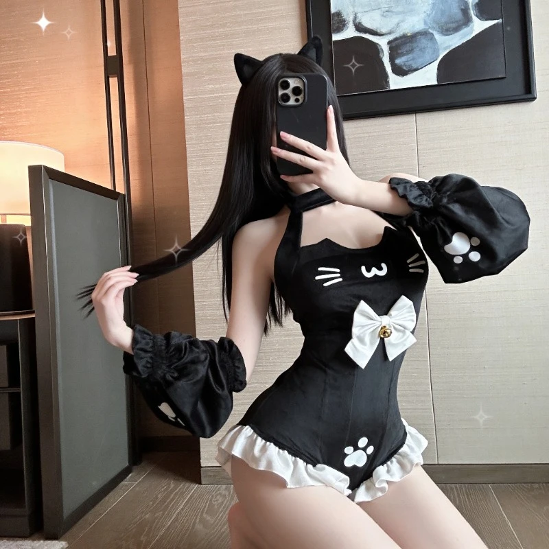 Disfraz de Cosplay de Anime de Chica Gato Sexy, Body de Pata con Espalda Descubierta para Mujer, Lencería con Lazo y Campana, Atuendos de Juego de Rol, Ropa de Dormir
