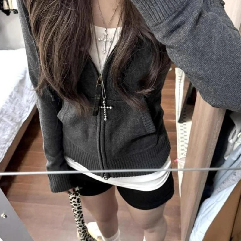 Deeptown Gray Hooded Knitted Cardigan Women Korean Style Vintage Zipper Sweaters Knitwear Casual Female Long Sleeve Cardigan