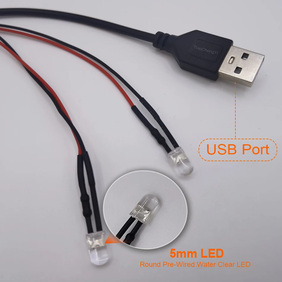 DC5V USB Port with 5mm Pre-wired Round LED Model Light LED light-emitting diode Red Green Blue For DIY Night Light Manual Light