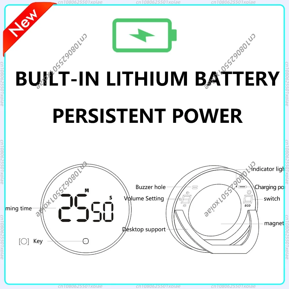 LED Digital Rotary Timer USB Rechargeable Magnetic Baking Countdown Reminder 3-Level Volume Back Bracket Design Kitchen Gadgets