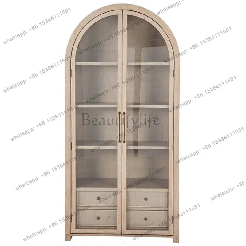 hot  American solid wood retro wine cabinet Nordic rattan storage double glass door display cabinet
