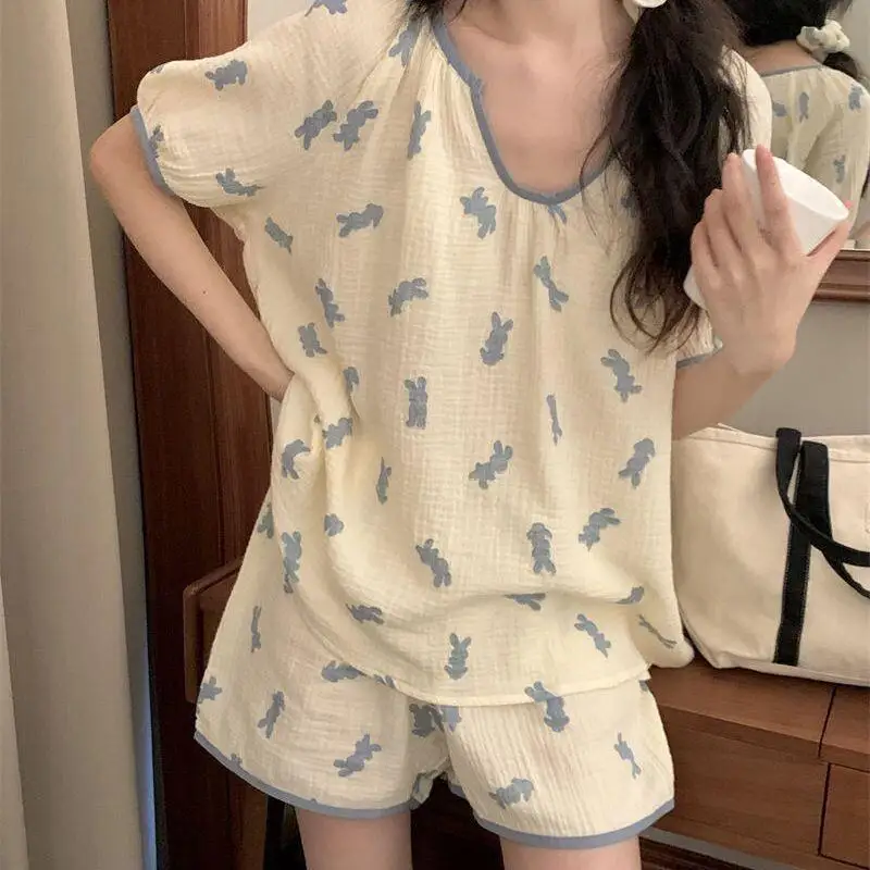 Cotton Fabric Summer Pajamas for Women Korean Style Princess Style Loose Soft Short-Sleeved Girl Student Sleepwear Homewear