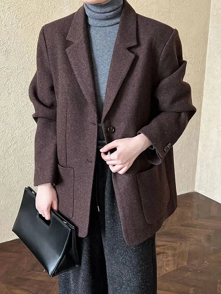 

Women Gray Elegant Pocket Big Size Woolen Blazer New Lapel Long Sleeve Jacket Fashion Tide Spring Autumn