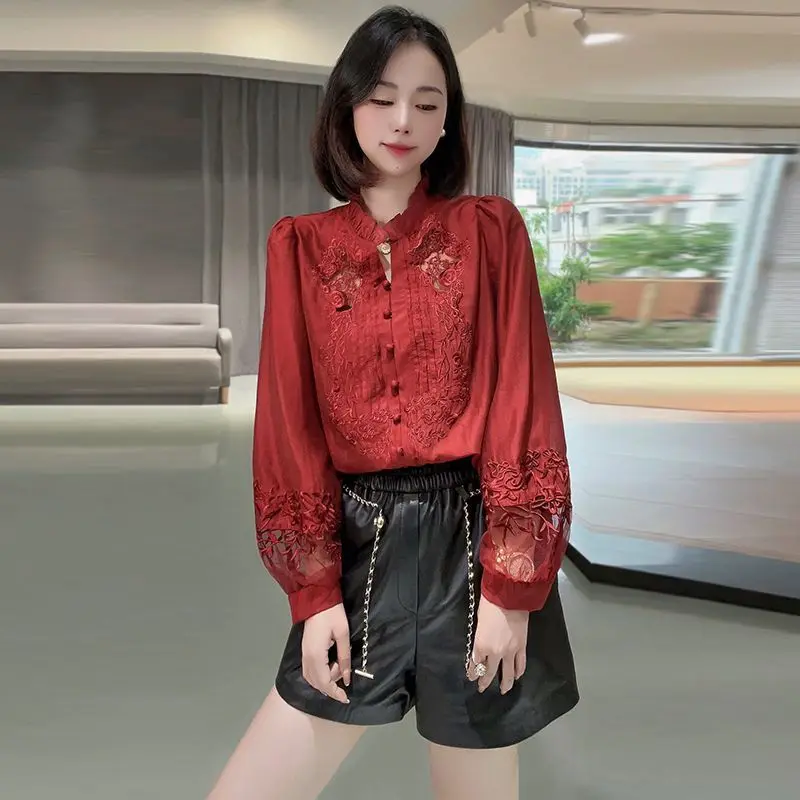 Red Business Casual Ladies Fashion Loose Spring Autumn Thin Blouses Office Lady 2023 New Solid Color Tops Buttons Women Clothing