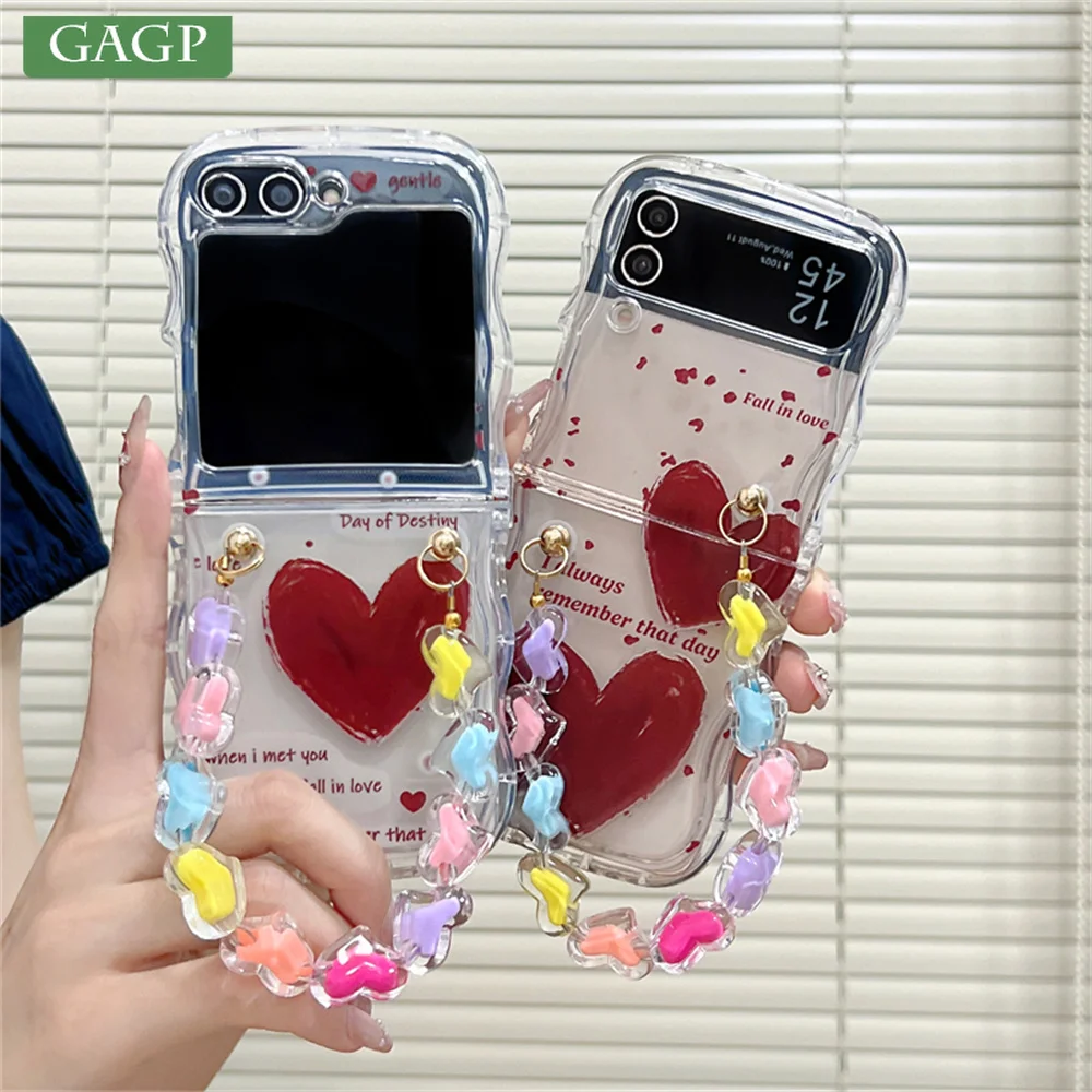 أزياء الحب القلب واضح موجة حالة الهاتف لسامسونج غالاكسي Z فليب 5 Z فليب 4 3 الكرتون سوار لينة سيليكون غطاء رقيقة جدا