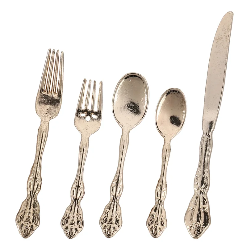 Mini vajilla para casa de muñecas, accesorios de modelo, cubiertos/cuchillo y tenedor de restaurante de cinco piezas para decoración del hogar, 1:6