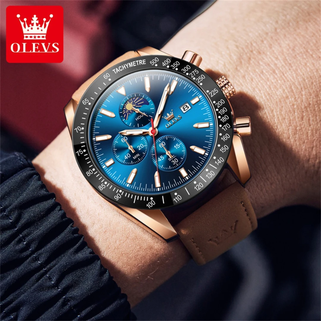 OLEVS 9980 كوارتز ساعة عصرية هدية مستديرة الطلب جلد طبيعي حزام الساعات ساعة اليد مرحلة القمر كرونوغراف التقويم