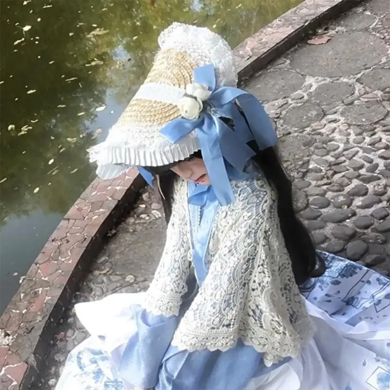 

270D винтажные соломенные шляпы принцесс, пасторальная мягкая шляпа сестры Лолиты, шляпа с хвостиком для путешествий и активного