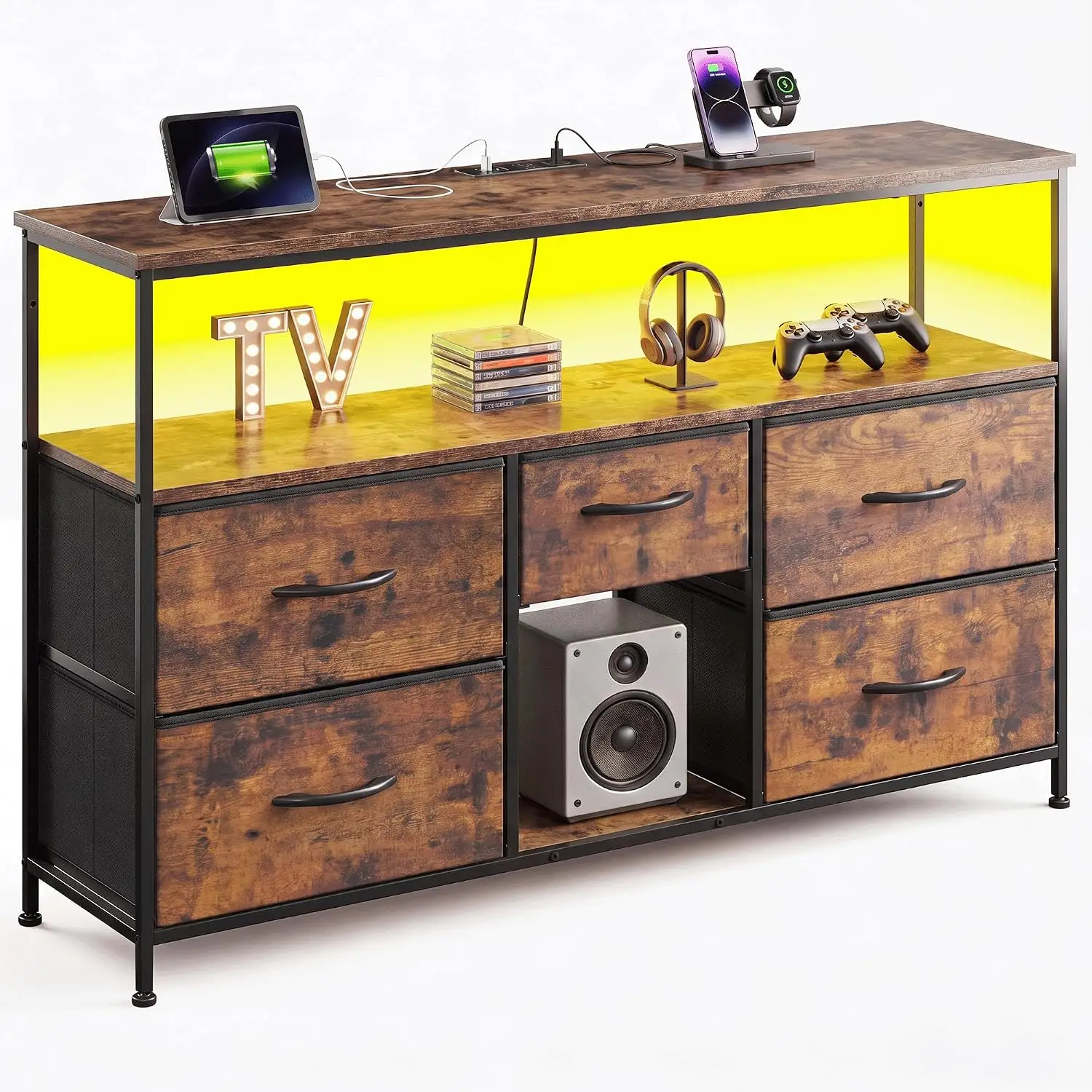 TV Stand 45-50 Inch 5 Drawers LED Lights Power Outlets Living Room Entertainment Center, Customized