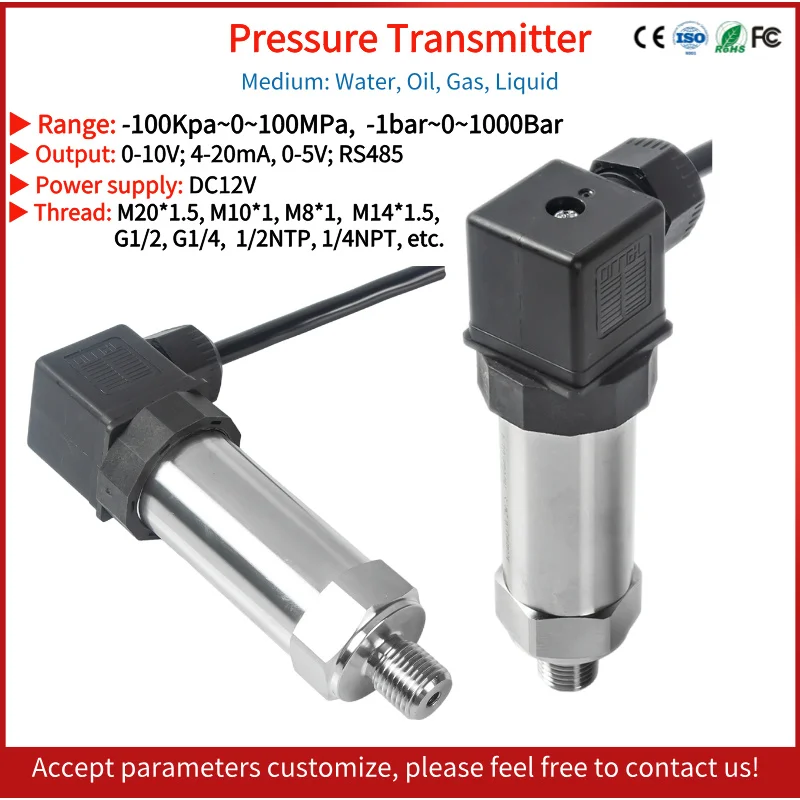 

Pressure Transmitter Water Oil Gas Sensor 4 20mA 0-5V 10V RS485 Output DC12V Positive Negative Vacuum Gauge Pressure Transducer