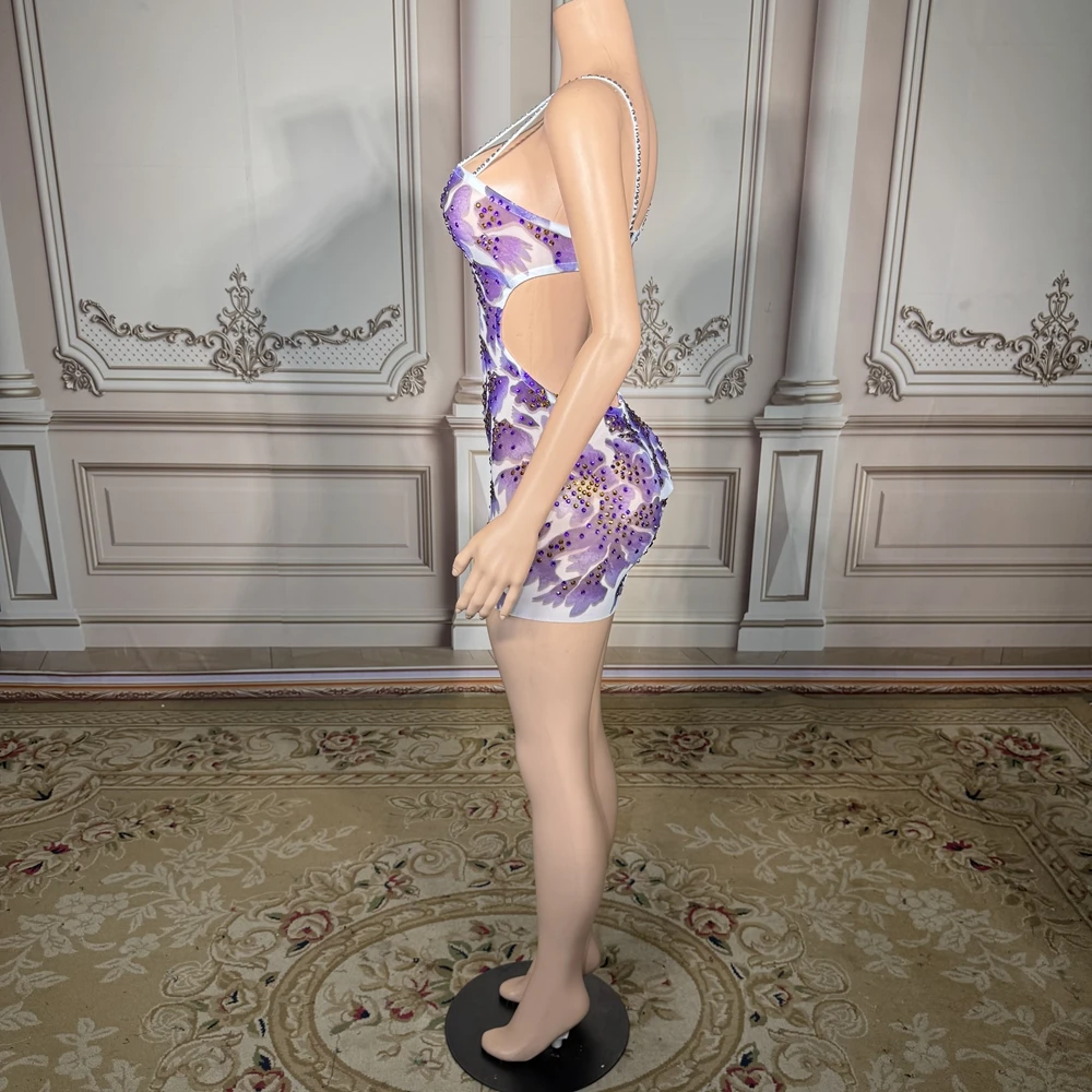 Robe courte à strass scintillants pour femmes, tenue d'été Sexy en maille transparente imprimée, robe de soirée d'anniversaire, vêtements de séance Photo