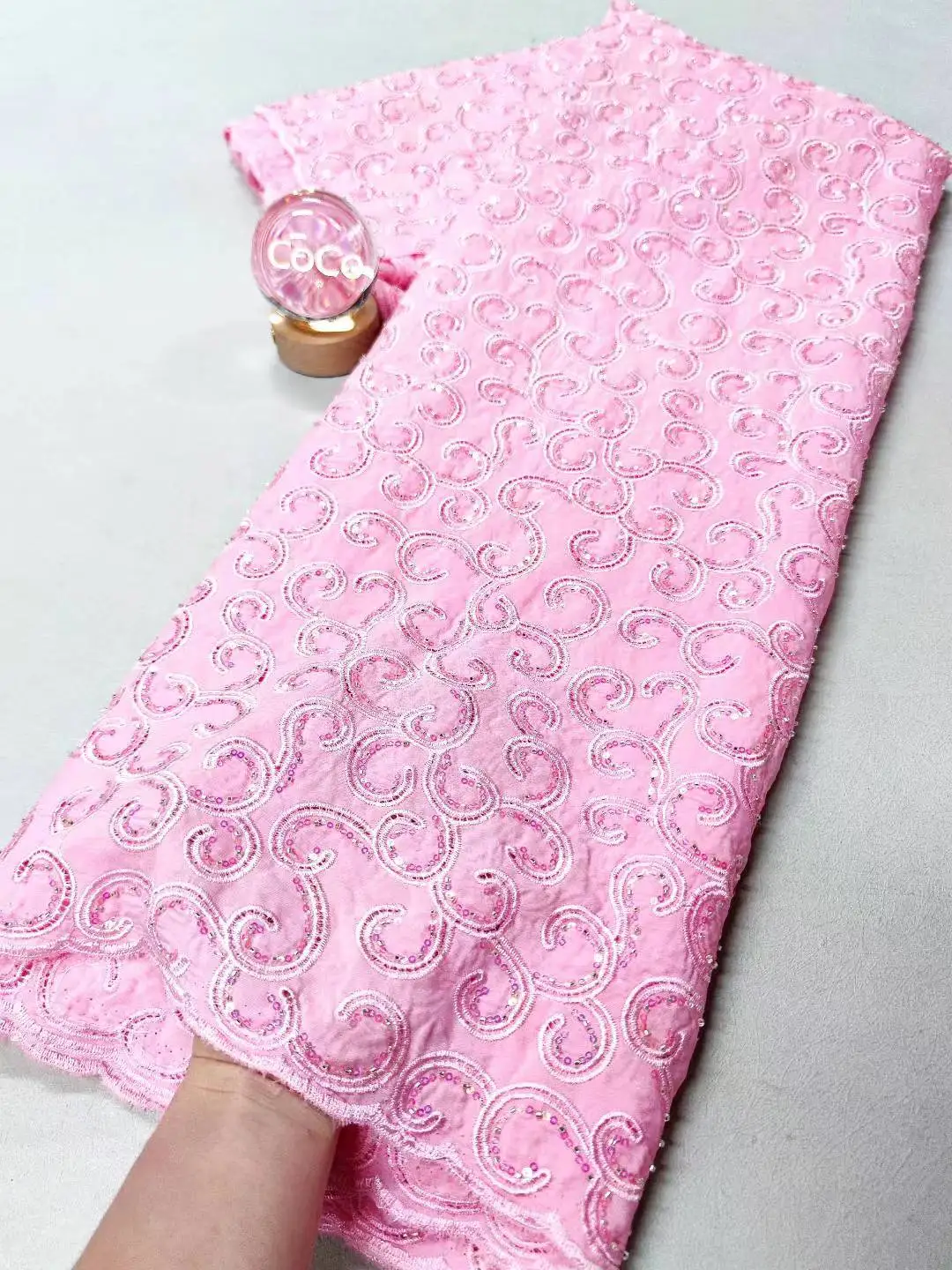 

2025 High-Quality Africa Nigerian Sequins Cotton Embroidery Lace Fabric Tulle for Wedding Party Dress Chiffon XL092 5Yards