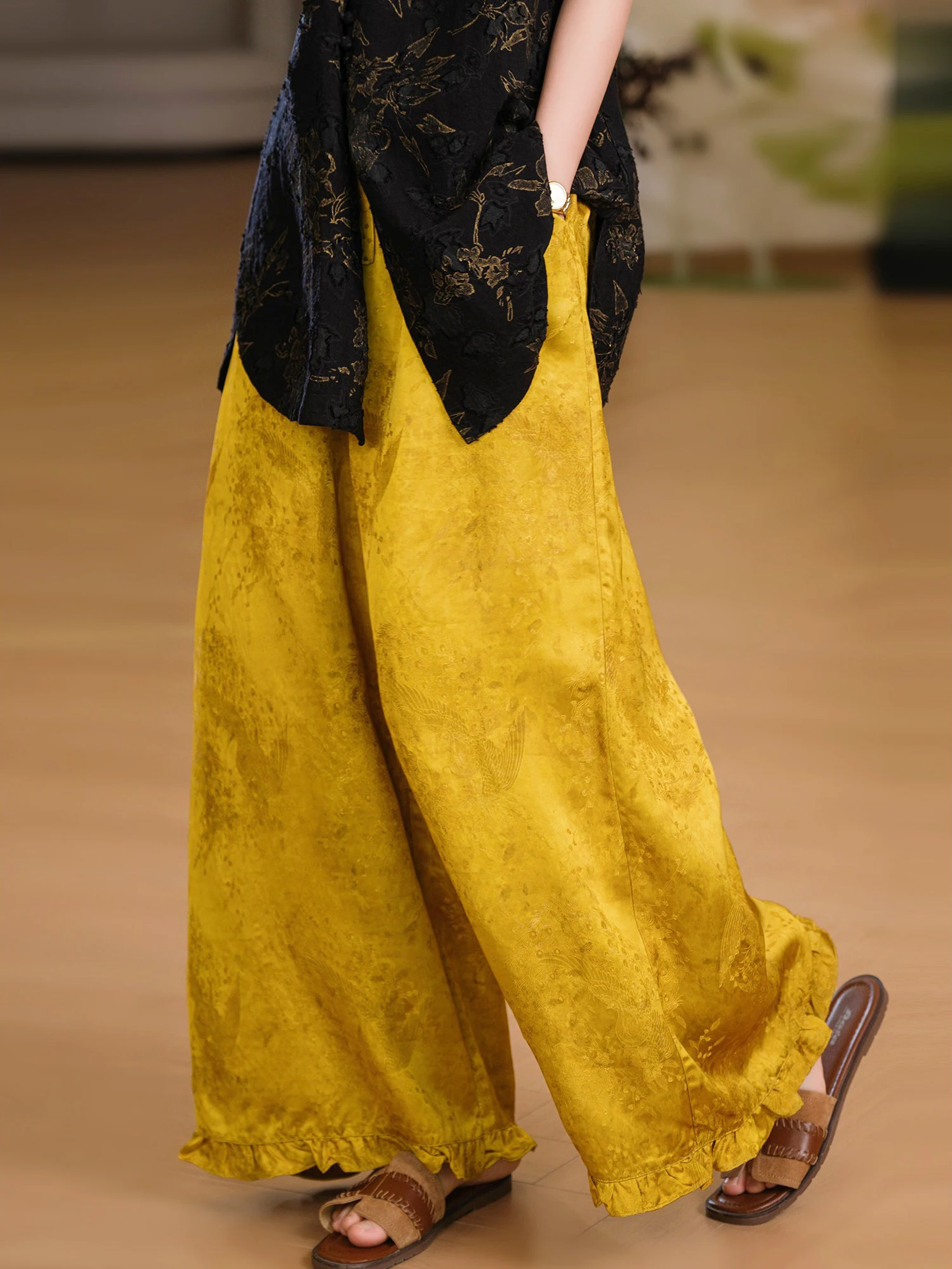 

Шелковые брюки-палаццо женские с эластичным поясом, вышивкой и эффектом дерева, повседневные, от Small Ear Production