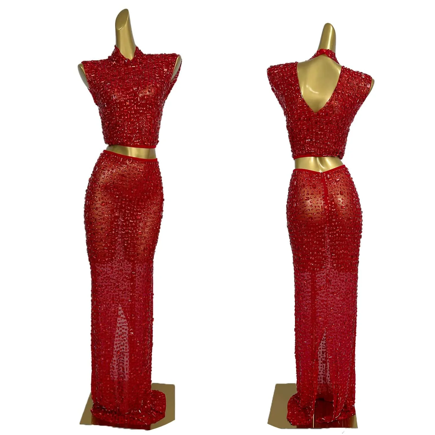 

Flashing Red Rhinestones Sexy Long Sheath 2-Pieces Set Birthday Evening Party Luxury Dress Nightclub Singer Stage Wear Gesebei