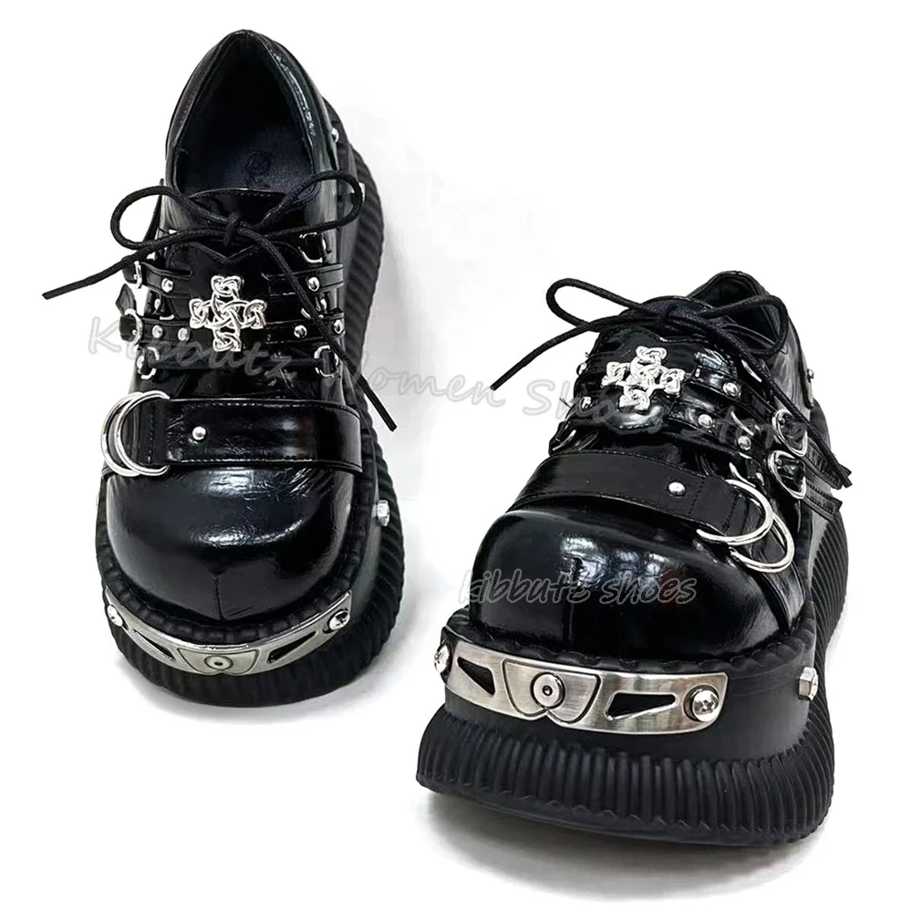 Mary Jane Pumps Metal Decor Belt Buckle Lace-Up Genuine Leather Solid Color Fashion Elegant Concise Sexy Women Shoes Round Toe