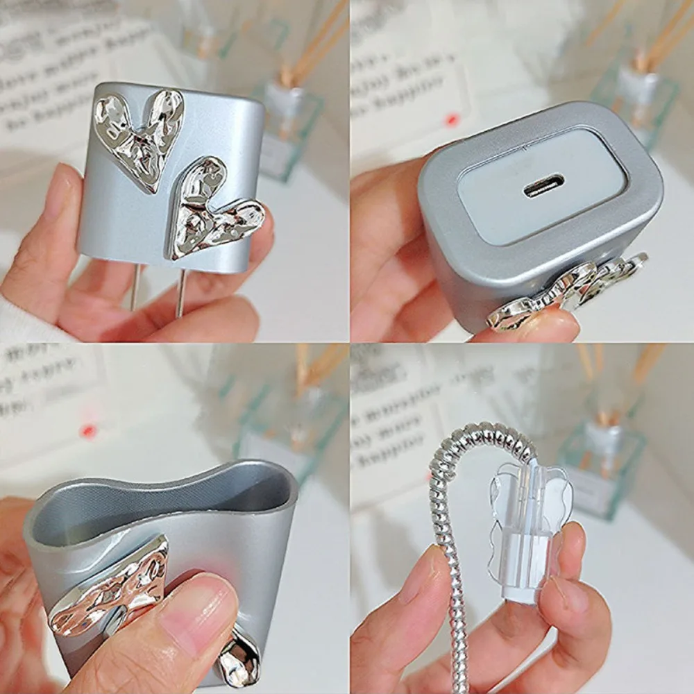 Cute 3D Silver Love Heart Wave Border USB Cable Protector Cover For iPhone 18W/20W Data Line Bite Head Cord Fast Charging Case