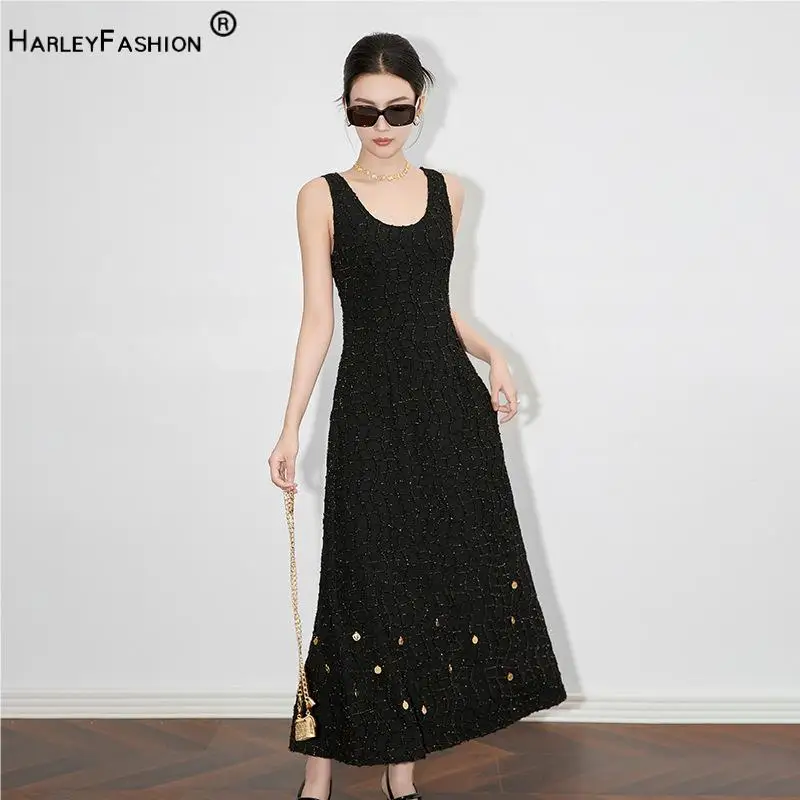 

Lady Luxury Style Bright Tread Knits O-neck Sleeveless A-line Solid Maxi Dress For Women