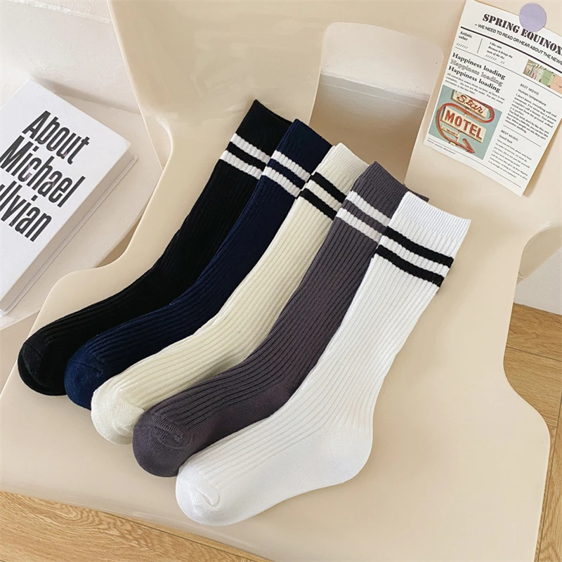 Autumn Warm Children Length Knee Socks Pure Cotton Black White Striped Boys Girls  College Style Sports Socks For 1-12 Years