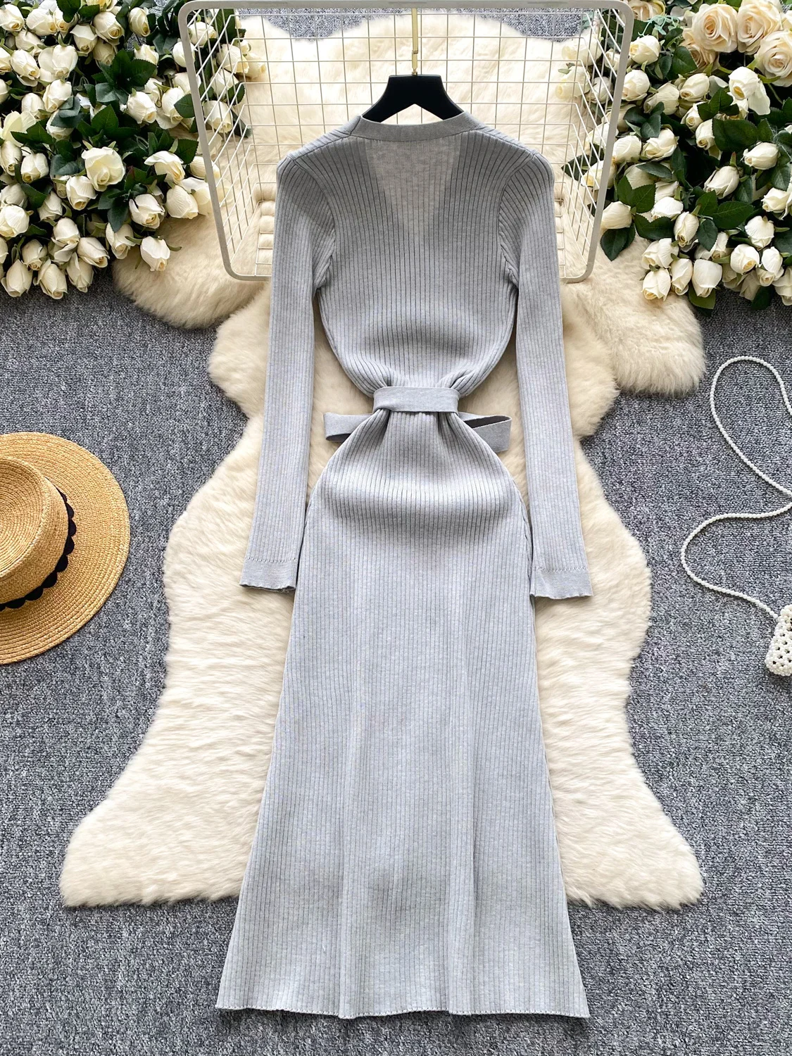 Ele V-ne Lange Sve Gebreide Dr. Slim Fit Hoge Taille A-lijn Rok Koreaanse Sle Pendelen Herfst 2025, Dames Dr