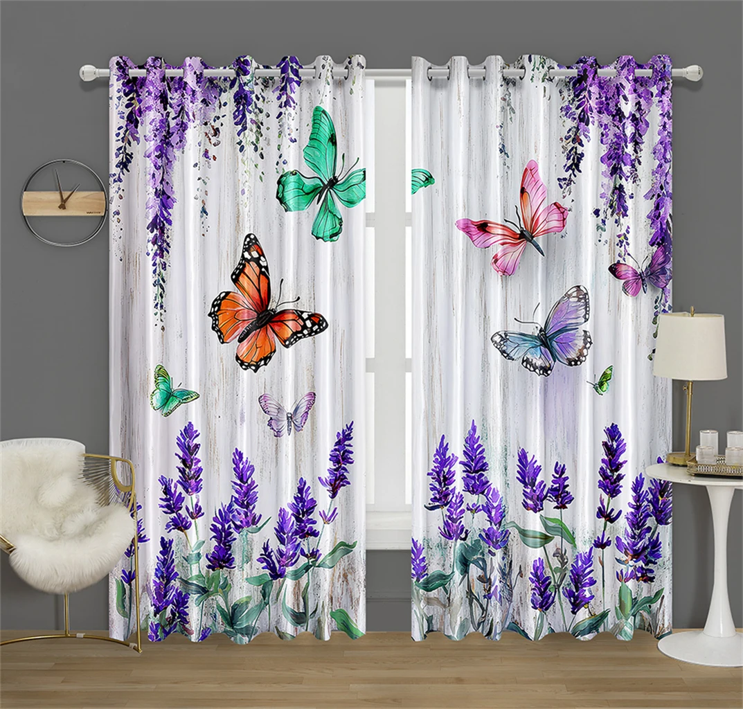 Wisteria Flower Butterfly Kitchen Decor Curtain Wall Style Background Green Leaf Fit Living Room Bedroom Decor 2 Panels