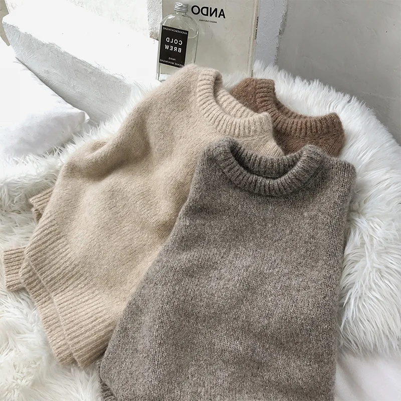 Knit Sweater O Neck Pullover Autumn Winter Long Sleeved Lazy Breeze Woollen Sweater Fashion Top Solid Color New Women\'s Clothing