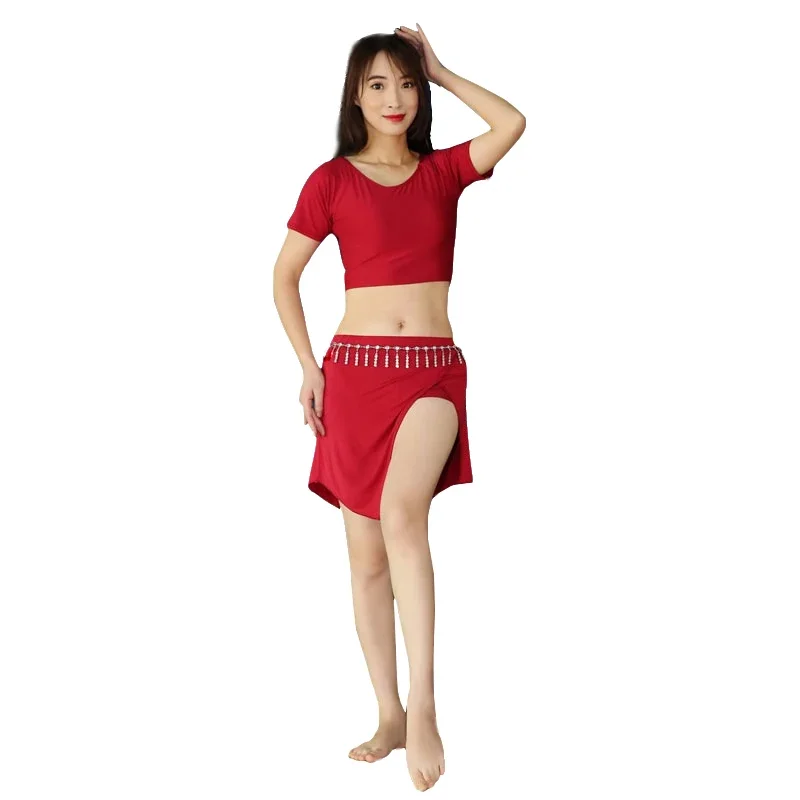 Ropa de danza del vientre para mujer, conjunto de 2 piezas formado por Falda corta y falda con abertura lateral, novedad