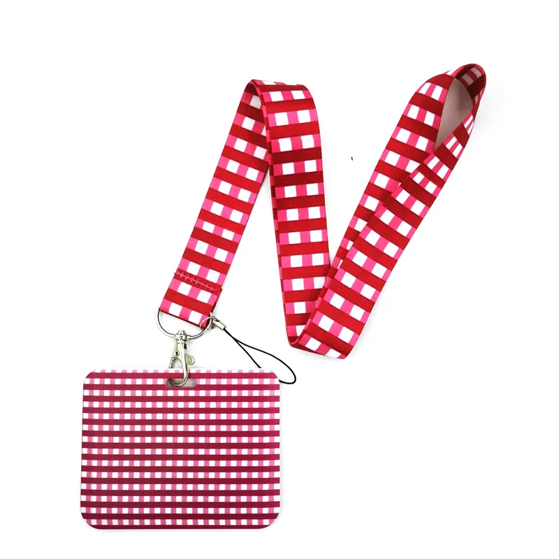 Simple Red Lattice Creative Lanyard Card Holder Student Hanging Neck Phone Lanyard Badge Subway Access Card Holder Accessories