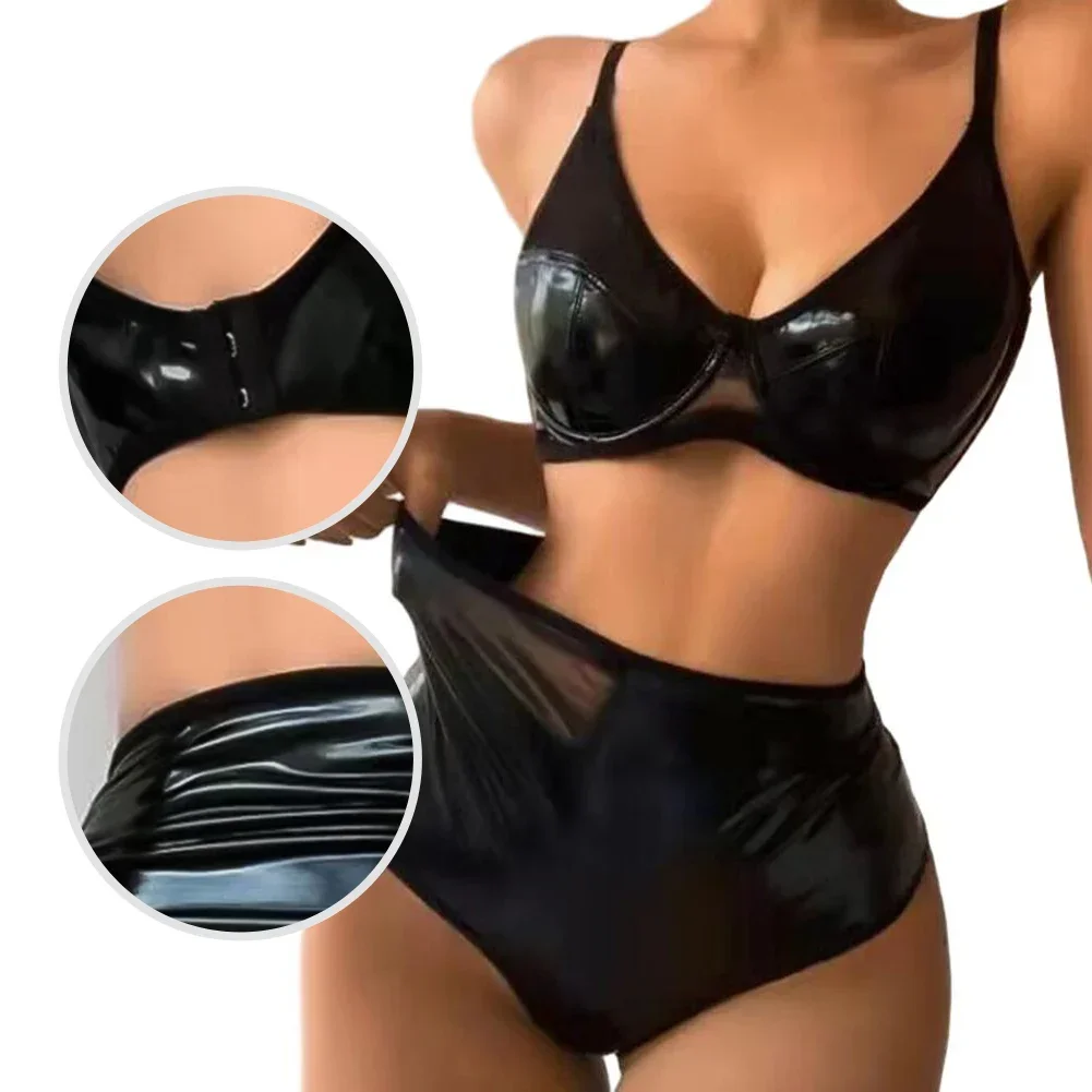 Women Wet Look PU Leather Underwear Push Up Bra Thongs Panties Outfit Sexy Black Lingerie 2pcs Exotic Sets Erotic Costumes