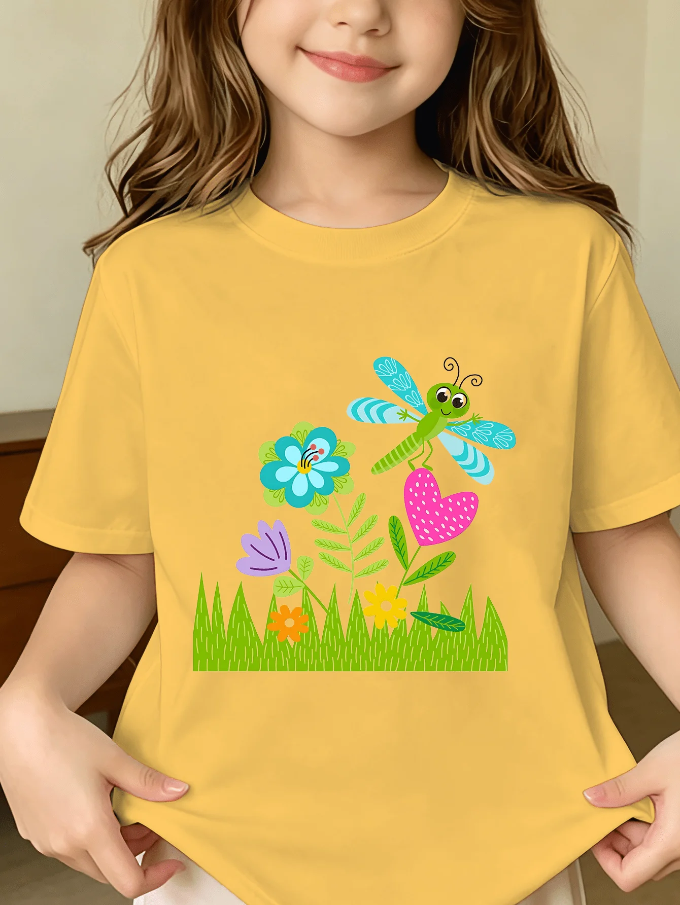 Cartoon Dragonfly Kids Tee Floral Lawn Pattern Print Boys Girls Family Matching Cotton Summer Short Sleeve Basic Children Tshirt