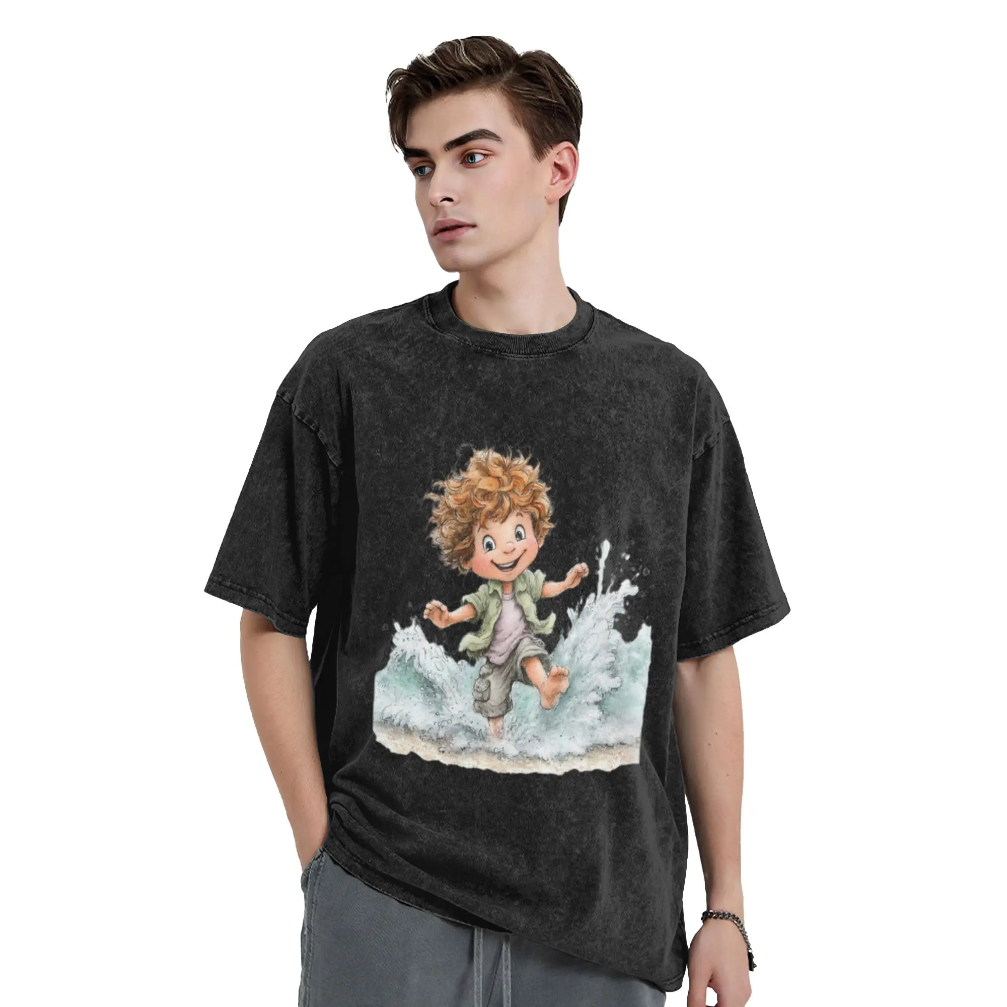 Cute happy boy at the seaside - whimsical design Unique Cool A T-Shirt Oversized Short Sleeve Men's Women's Cotton Tees Tops