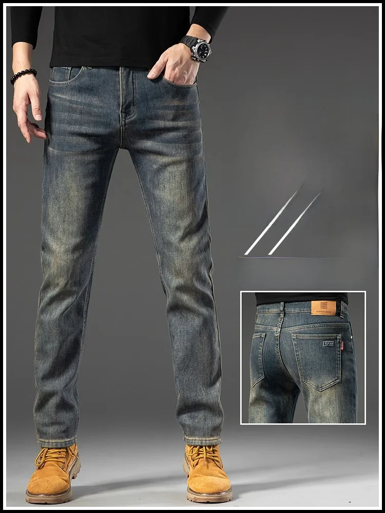 

Американские эластичные джинсы прямого кроя для мужчин, повседневные длинные брюки, осенне-зимние и весенние, из хлопкового эластичного денима