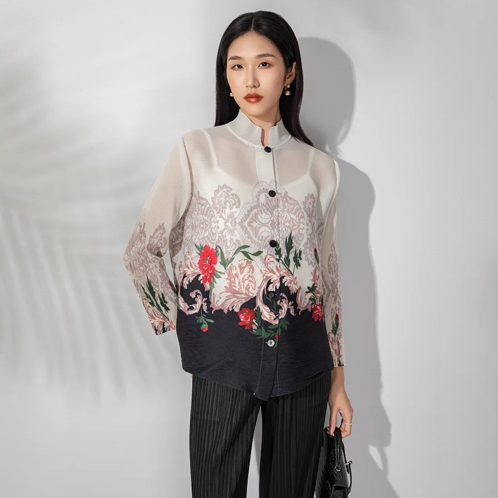 مياكي مطوي 2025 جديد الخريف بلوزة مطبوعة بأكمام طويلة الإناث صف مشبك فضفاض ساحات كبيرة موضة البرية سترة سترة الطيات #2