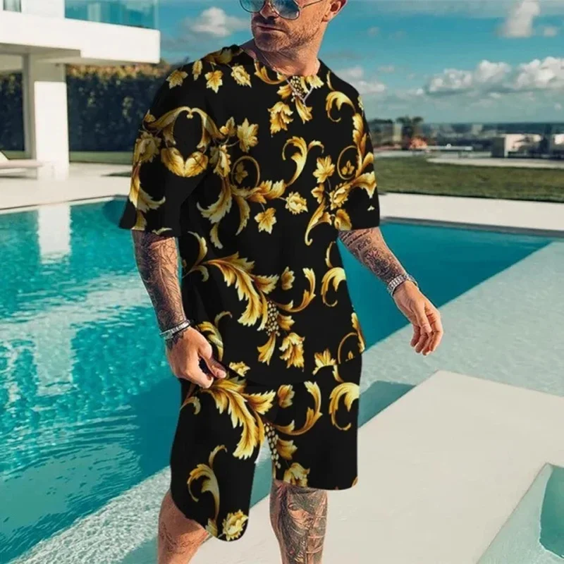 

Men T-shirt Set Baroque Style 3D Printing Gold Flower Tee Short Shorts Set Street Casual Vintage Tracksuit 2 Pcs Suit Summer