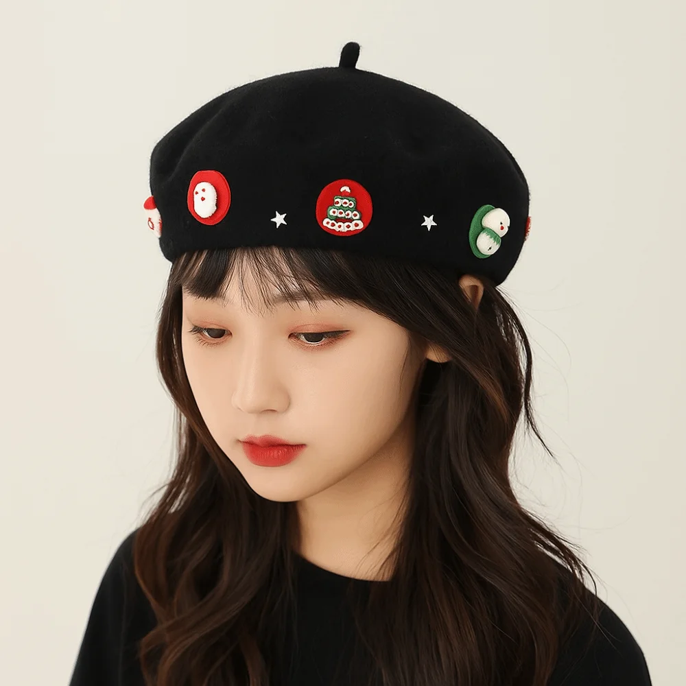 

Casual Woolen Christmas Beret Star Christmas Tree Wool Beret Solid Color Korean Style Octagonal Hat Travel