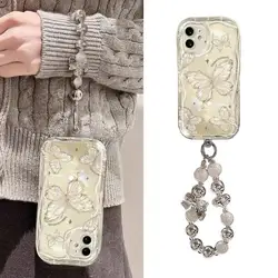 Laser Pearl Chain Butterfly Phone Case For IPhone 15 14 13 12 11 Pro Max X XS XR 6 6S 7 8 Plus SE 2 3 Mini Cover Soft Luxury