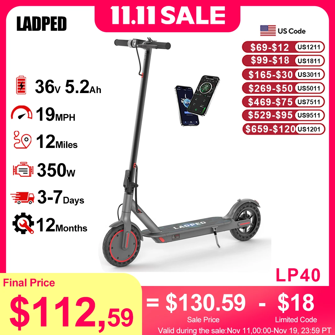 LADPED LP40 سكوتر كهربائي 350 واط 19mph APP التحكم الذكي 4 أوضاع السرعة سكوتر كهربائي قابل للطي 16 ميل ماكس المدى للكبار #1
