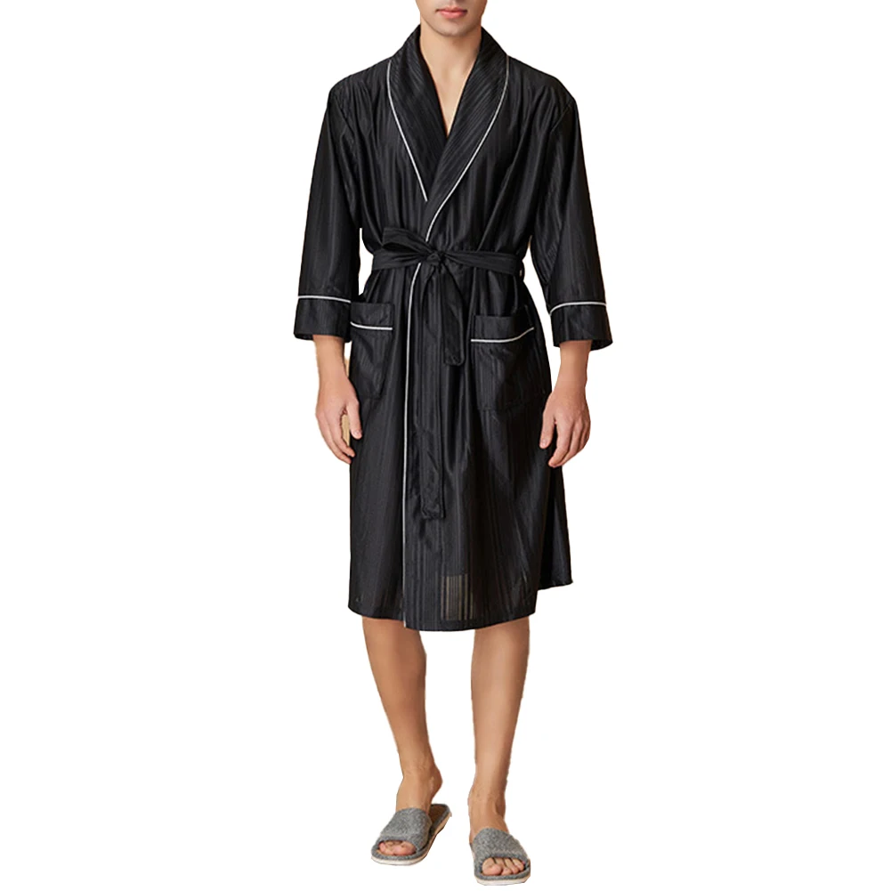 Albornoz informal con cinturón para hombre, ropa de dormir masculina, cómoda, suave, con cuello en V y bolsillos, Kimono diario en contraste, holgado