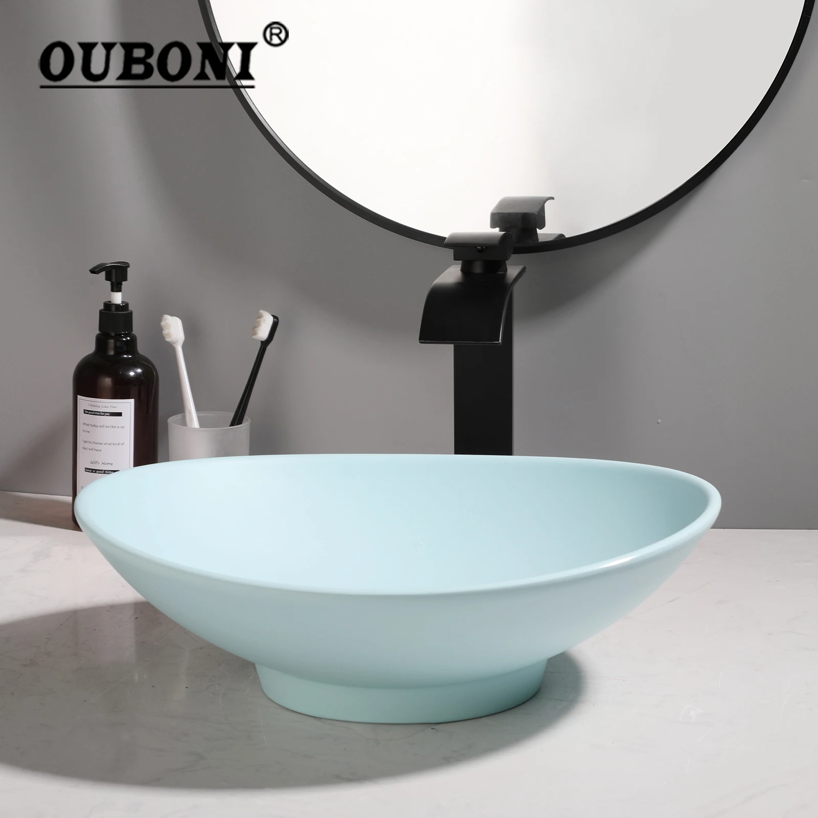 OUBONI Oval Bathroom Sink Faucet Set New Materials Washbasin With Waterfall Black Hot Cold Faucets Blue Pop Up  Drain