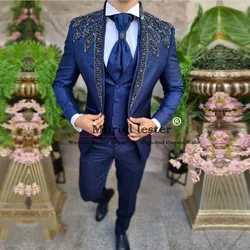 Exquisite Navy Floral Suit Men For Wedding Handmade Crystals Beading 3 Pieces Sets Groom Tuxedos Formal Business Prom Blazers