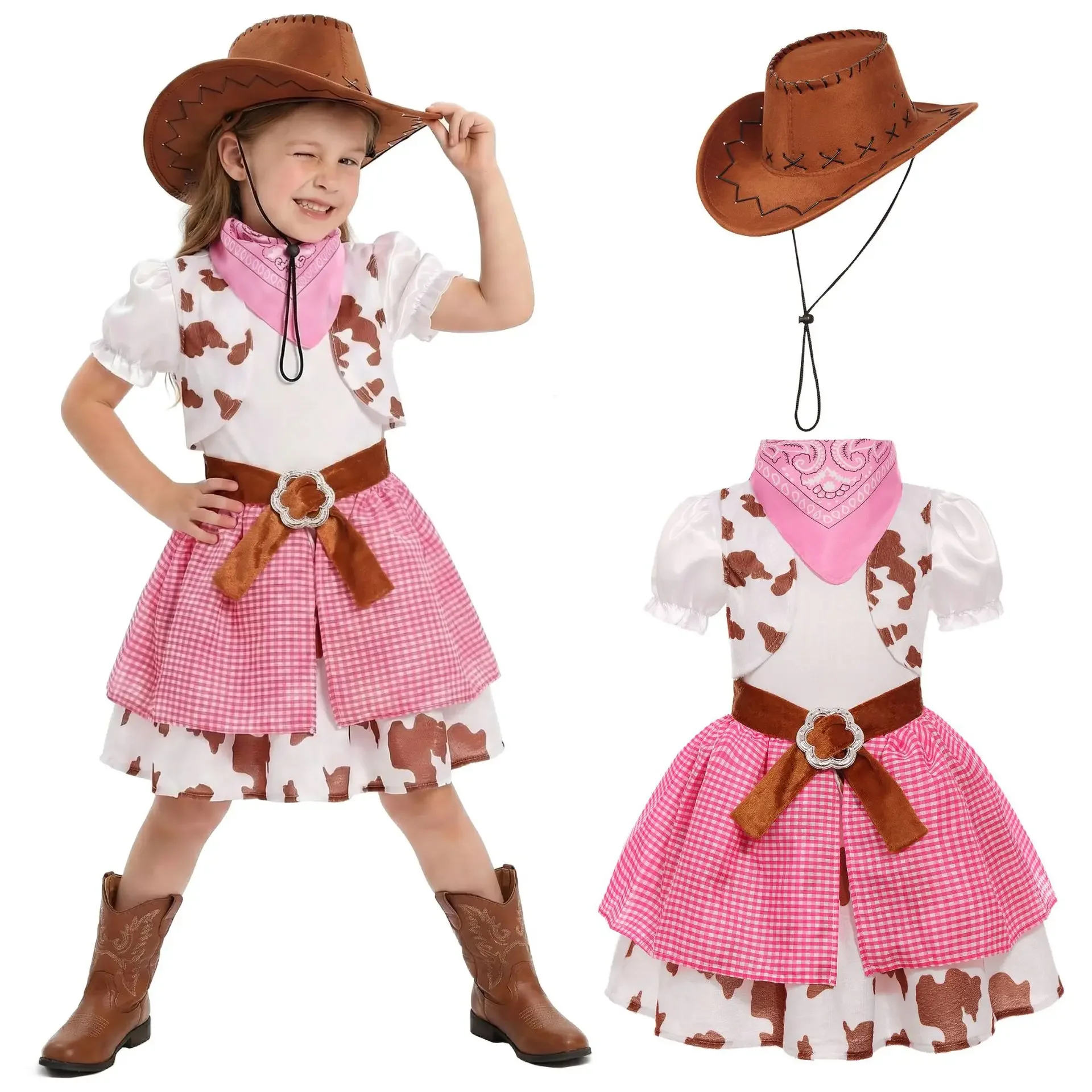 女の子向けのカウガールコスチューム。西部カウガール風のハロウィーン衣装。カウボーイハット付き。