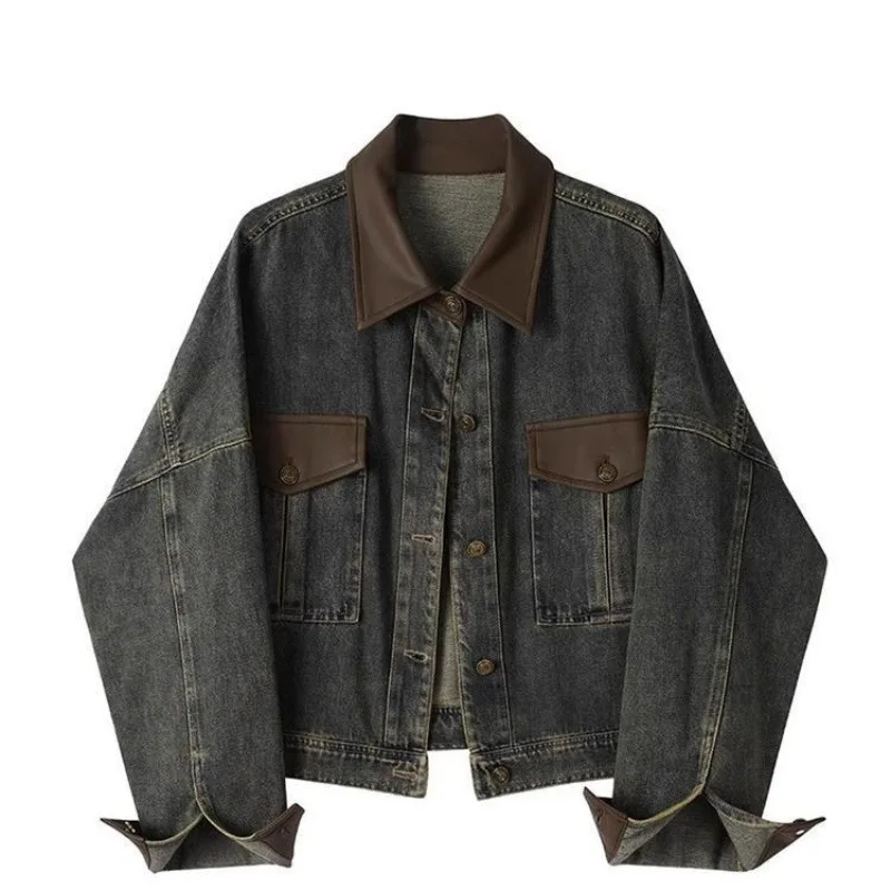 

2024 Women's Retro Color Block Denim Short Jacket Autumn New Leather Patchwork Fashion Casual Jacket