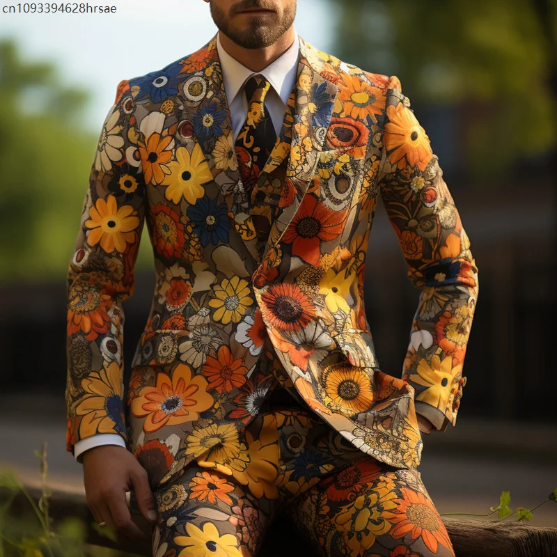 Мужские повседневные костюмы с принтом подсолнухов, пальто, брюки, красочный гелиантус, вечерние костюмы для косплея, сценический костюм для ночного клуба