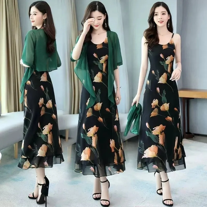 Single/Two-Piece Sets Floral Chiffon Suspender Dress Slim And Long 2023 New Shawl Summer Dress 2PCS For Female Dress Suits Lady