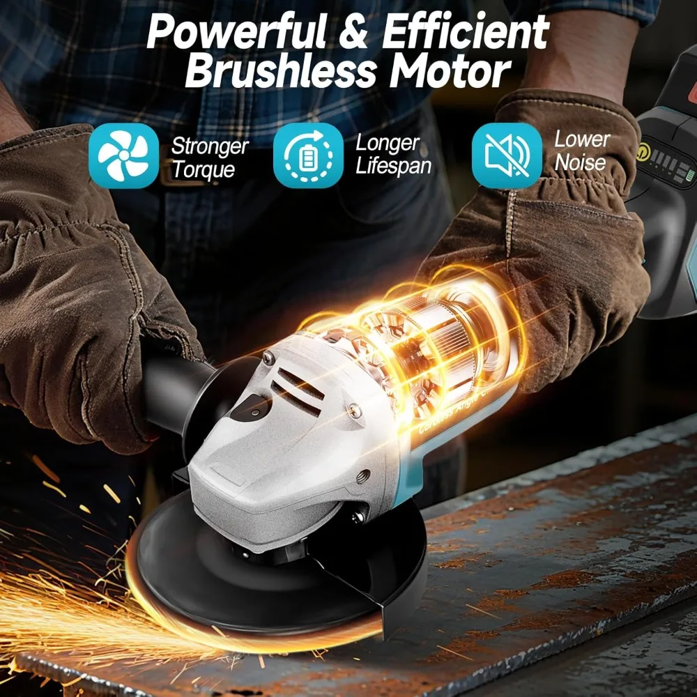 Draadloze haakse slijper met 2 x 4,0 Ah batterij, 4-1/2 borstelloze accu-aangedreven slijpmachine, 4 variabele snelheden 8500 RPM voor metaal