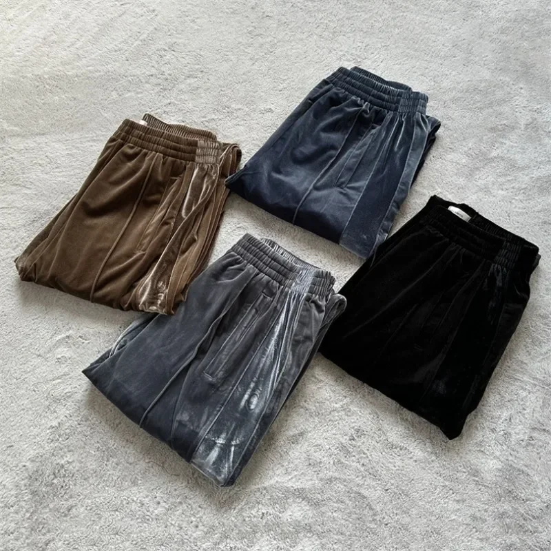 

2025ss AWGE Velvet Sweatpants Men Women 1:1 Butterfly Embroidery Blue Striped Pants Black Drawstring Trousers